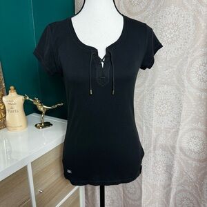 Ralph Lauren Top Womens Small Black Lace Up Western Goth Grunge Rock LRL Tee